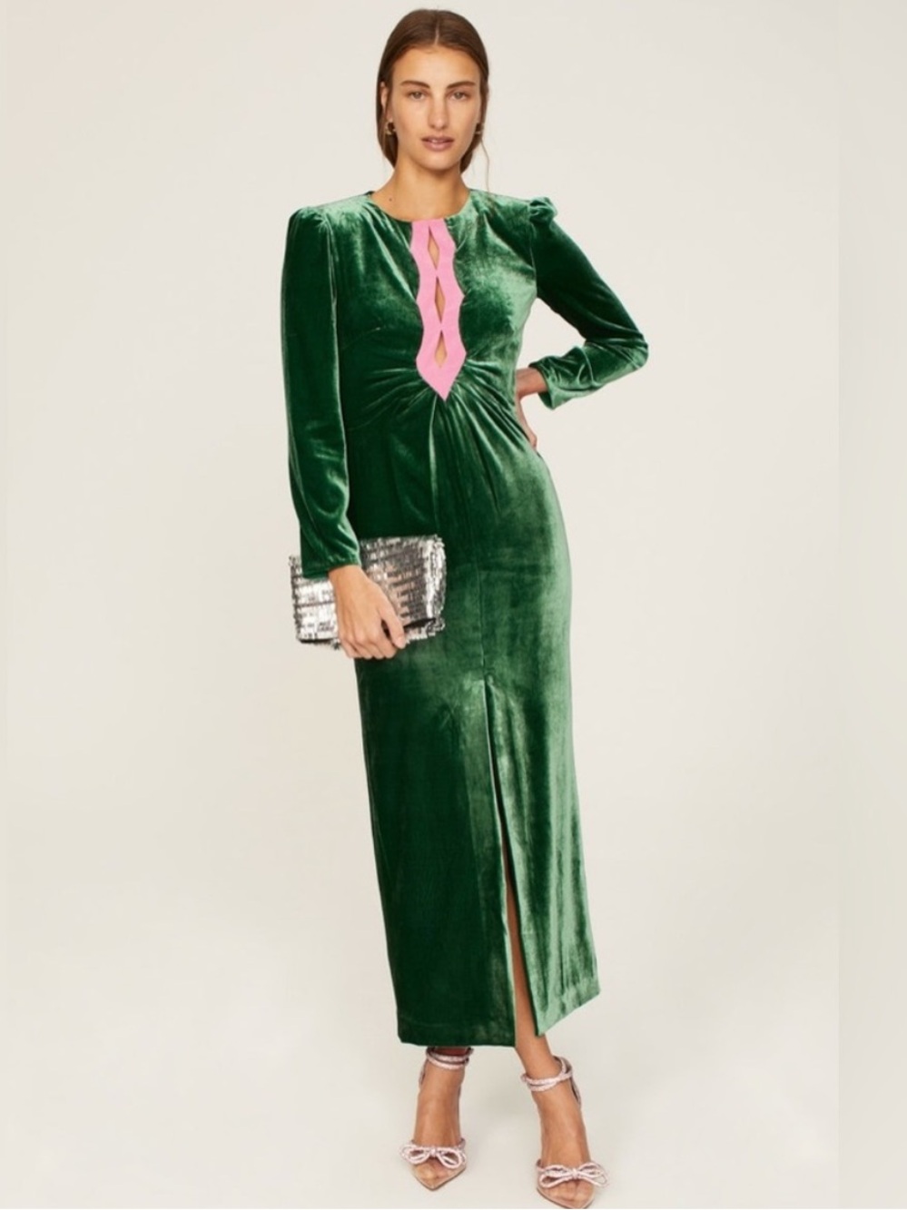 Saloni Emerald Green & Pink Jinx Velvet Cutout Long Sleeve Midi Dress size 10